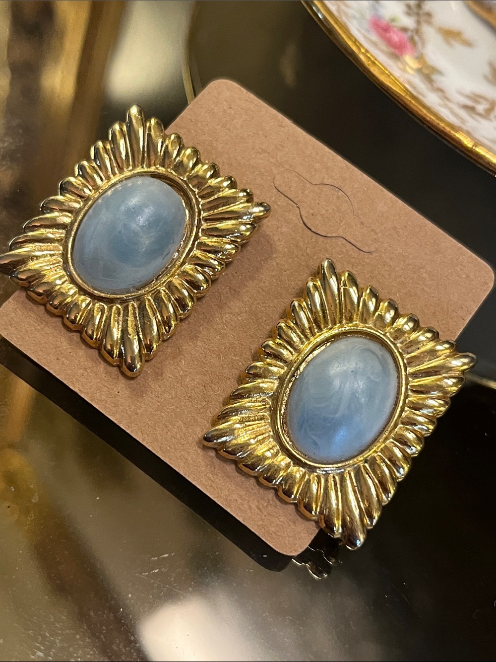 Vintage Blue and Gold Stud Earrings